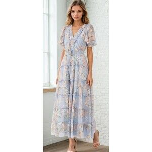 Yumi Kim Farrah Maxi Dress Small S Amalfi Sky Blue Floral Cottagecore